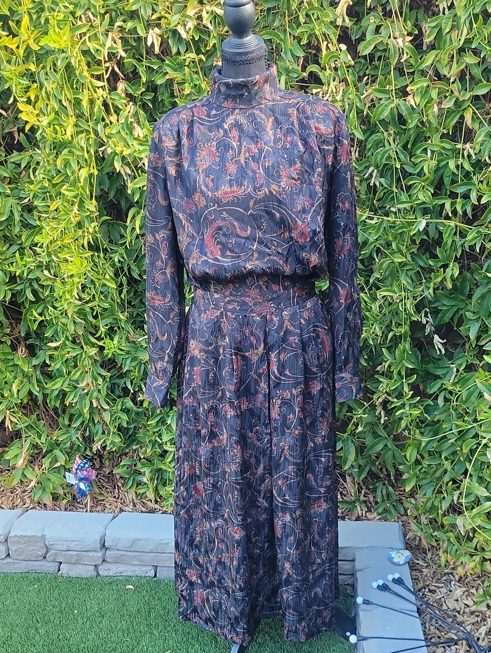Vintage Black Paisley 100% Silk Skirt Set with Red Gold Blue Accents